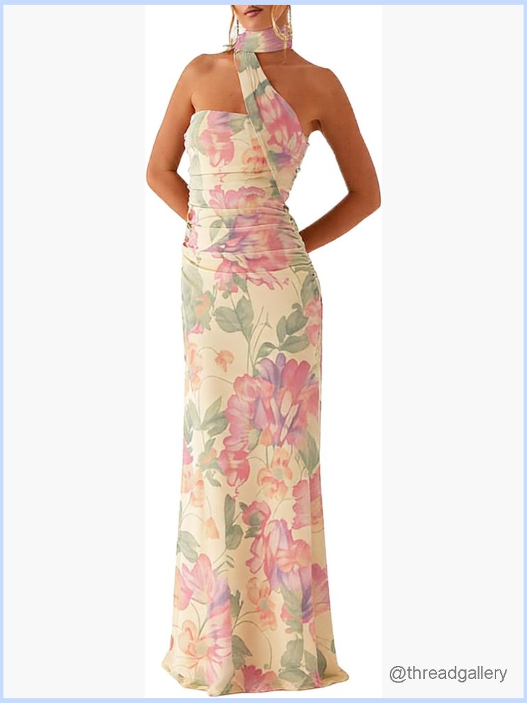 Floral Strapless Maxi Dress With Scarf Wedding Guest Formal